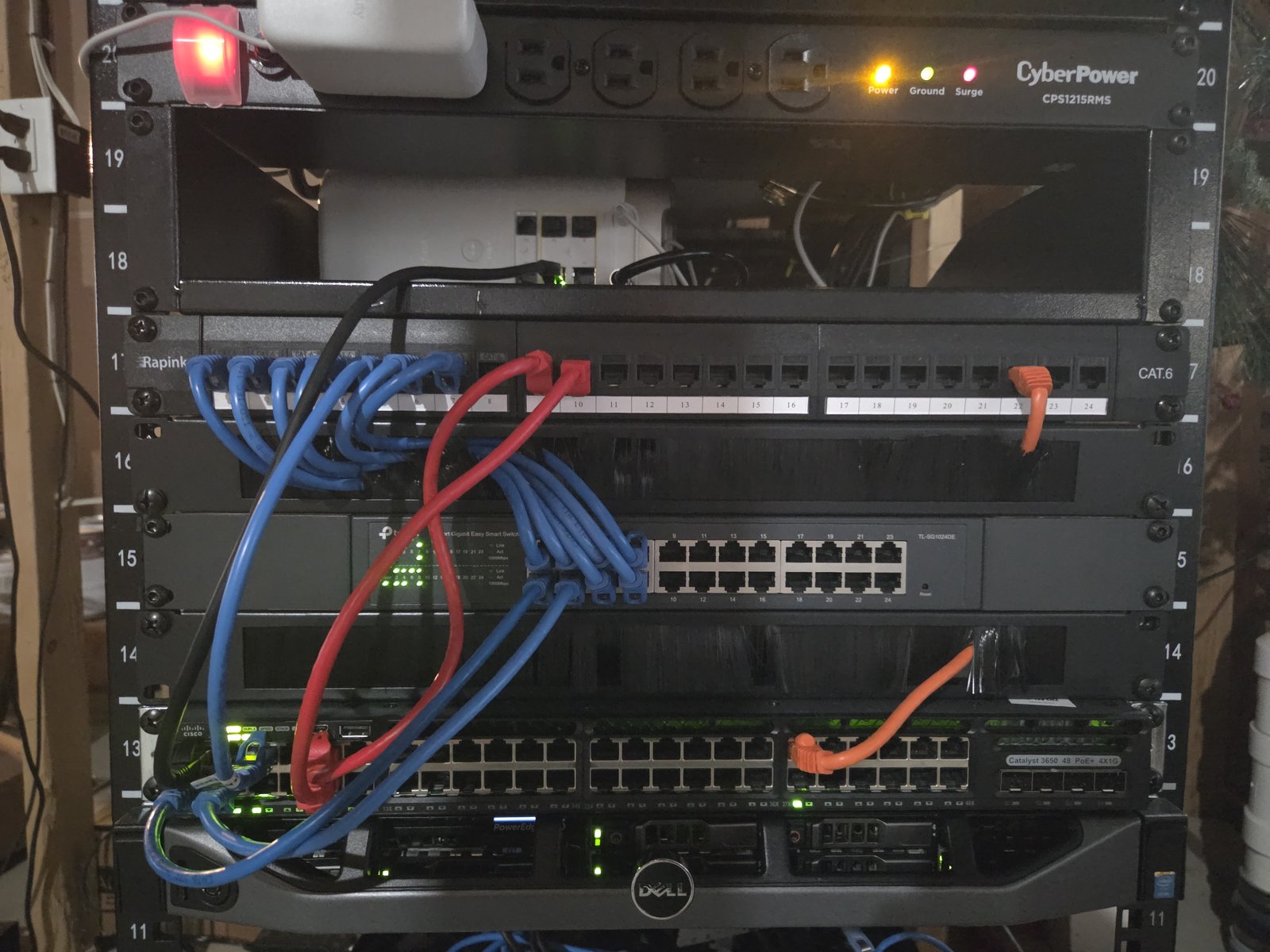The rack: Cisco Catalyst 3650, TP-Link smart switch, CAT.6 patch panel and a Dell PowerEdge server
